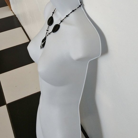 Black Beaded Statement Necklace With Agate Teardrop Pendants Handmade 19 Inches - Picture 10 of 12